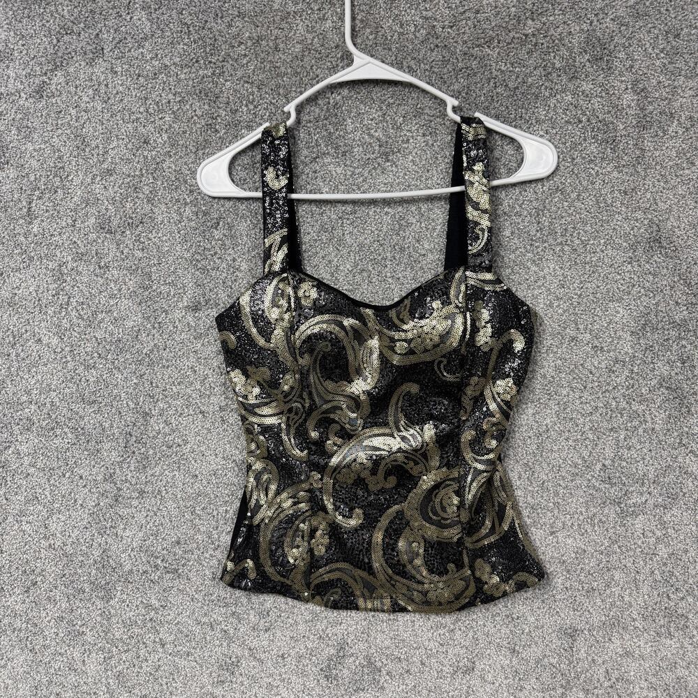 Deb Cami Corset Top Juniors L Black Gold Sequin Paisley Night Luxe Clubwear Y2K